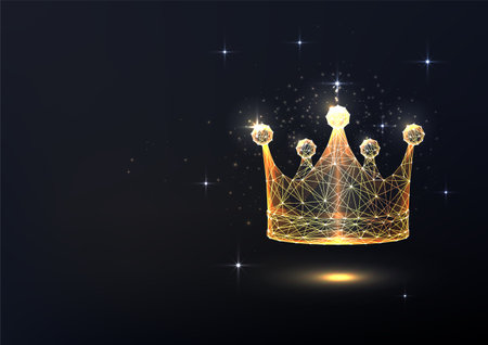 Abstract gold crown in futuristic glowing low polygonal style on black background. Power conceptのイラスト素材