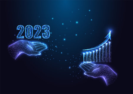 2023 business growth planning, investment goals with hands holding 2023 digits and growth chartのイラスト素材