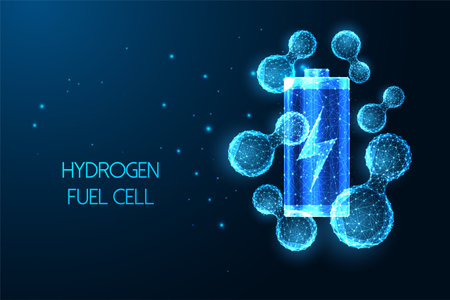 Futuristic Hydrogen fuel cell concept with glowing low polygonal battery and hydrogen moleculesのイラスト素材