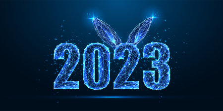 Futuristic Chinese 2023 New Year banner with 2023 digits and rabbit ears in glowing polygonal styleのイラスト素材