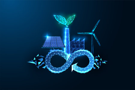 Circular Economy concept in futuristic glowing style with renewable energy sources and green factoryのイラスト素材