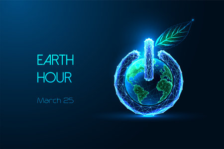 Earth Hour abstract futuristic concept banner with power button, planet Earth globe and green leafのイラスト素材