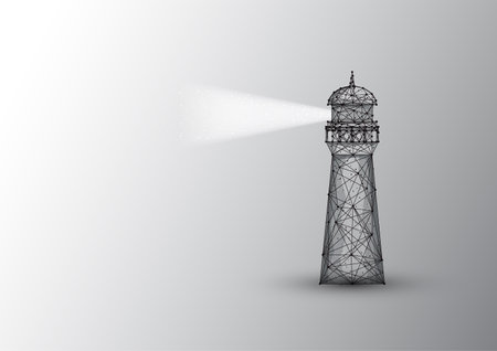 Abstract polygonal lighting house with light beam made of black lines and dots on white backgroundのイラスト素材