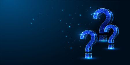 Abstract futuristic dark blue background banner with question marks in glowing low polygonal style.のイラスト素材