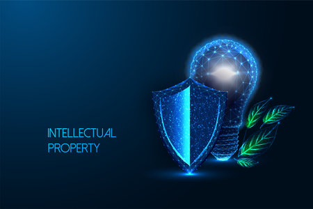 Intellectual property, innovation protection futuristic concept with lightbulb and shield symbolsのイラスト素材