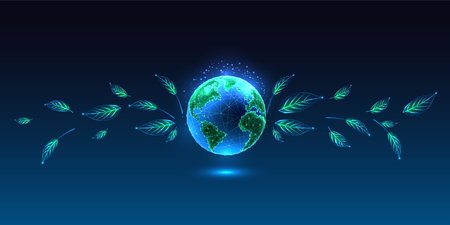Environmental social governance ESG concept with planet Earth globe and leaves on blue backgroundのイラスト素材