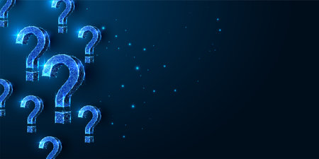 Abstract blue question marks futuristic concept banner with place for text in glowing polygons styleのイラスト素材