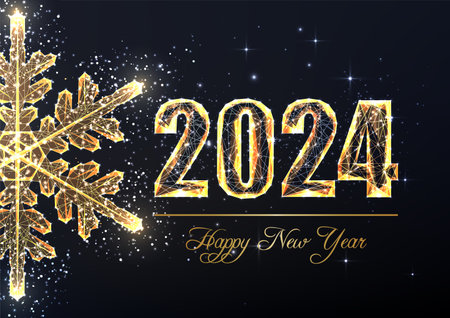 Happy New Year 2024 luxury greeting card template with gold digits and snowflake on black backgroundのイラスト素材