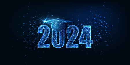 Futuristic graduation 2024 concept banner with glowing low polygonal graduation hat on dark blueのイラスト素材