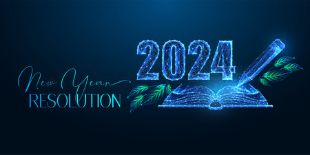 Abstract 2024 New Year resolution concept banner with open notebook, pencil and 2024 digits on blueのイラスト素材