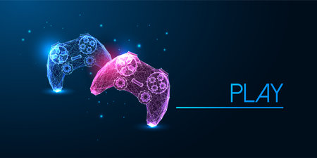 Two video game controllers glowing in electric blue and puprple on a dark blue backgroundのイラスト素材