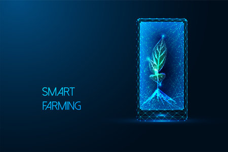 Smart farming, agriculture innovation technologies futuristic concept with plant sprout and phoneのイラスト素材