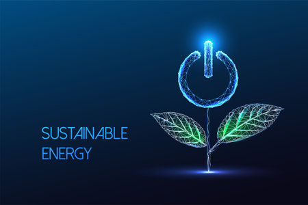 Sustainable energy, reneweable power generation futuristic concept with plant and power buttonのイラスト素材