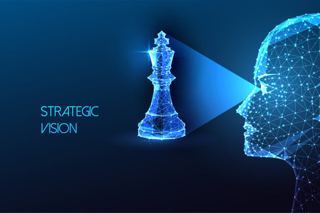 Strategic vision, leadership business strategy futuristic concept with human face and chess pieceのイラスト素材