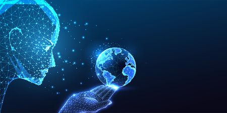 AI safeguarding Earth future. Futuristic guardianship. Global connectivity as AI face holding Earthのイラスト素材