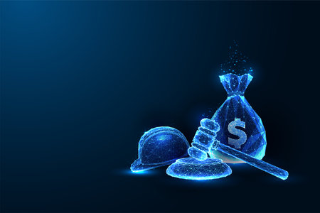 Legal compensation, labor workers rights, financial settlement futuristic concept on blue backgroundのイラスト素材