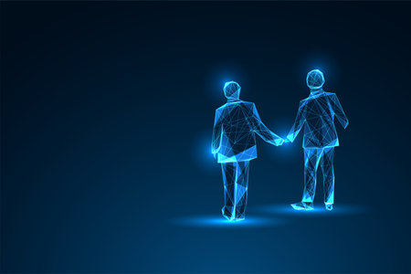 Business agreement abstract concept shows two men silhouette shaking hands on dark blue background.のイラスト素材