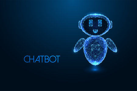 AI chatbot concept with glowing digital humanoid robot figure on dark blue background.のイラスト素材