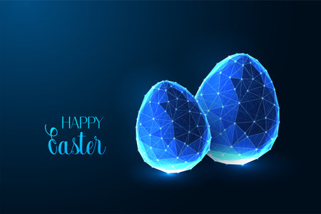 Happy Easter digital greeting card or web banner with glowing Easter eggs on dark blue backgroundのイラスト素材