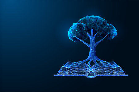 Digital education and knowledge growth concept with glowing tree and open book, vector illustrationのイラスト素材