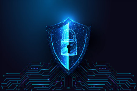 Cybersecurity and data protection concept with glowing shield and padlock, vector illustrationのイラスト素材