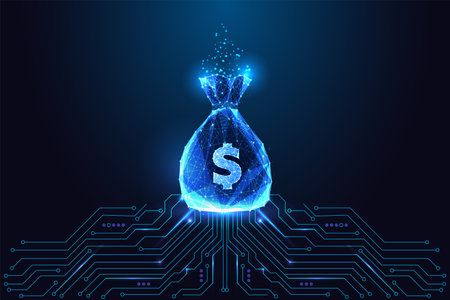 Smart finance, digital economy concept with glowing money bag and circuit board, vector illustrationのイラスト素材