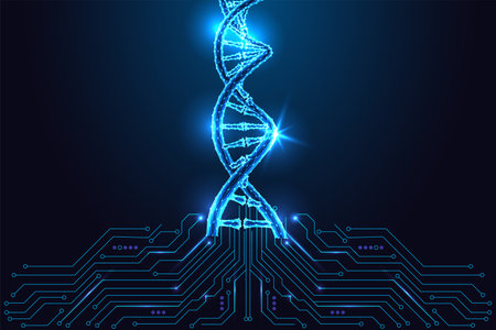 Biotechnology, digital DNA analysis concept with glowing helix and circuit board vector illustrationのイラスト素材