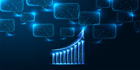 Digital growth and analytics communication with speech bubbles and glowing upward chartのイラスト素材