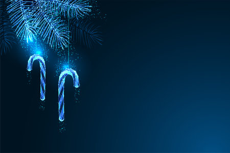 Futuristic candy canes hanging from pine branches, digital Christmas holiday vector illustrationのイラスト素材