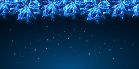 Futuristic glowing poinsettia Christmas border on blue background, digital vector illustrationのイラスト素材