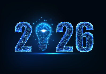 2026 New Year glowing blue light bulb concept in low poly digital wireframe vector illustrationのイラスト素材
