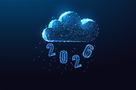 2026 New Year cloud technology and digital data concept in glowing low poly blue vector illustrationのイラスト素材