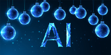 Futuristic AI and glowing Christmas ornaments hanging above, blue tech vector illustrationのイラスト素材