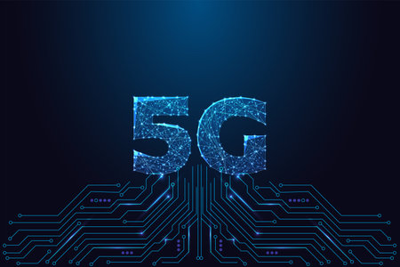 Glowing 5G Network Futuristic Digital Circuit Board on Dark Blue Technology Backgroundのイラスト素材