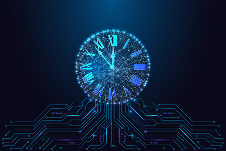 Futuristic Glowing AI Clock with Wireframe Face and Circuit Board Base on Dark Tech Backgroundのイラスト素材