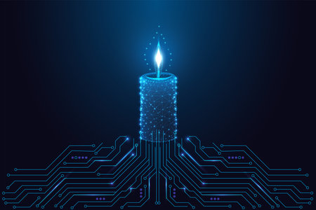 Glowing Digital Candle Made of Polygonal Network Above Futuristic Circuit Board, Tech Vector Artのイラスト素材