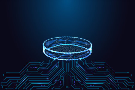 Futuristic Digital Petri Dish Made of Polygonal Network Above Circuit Lines. Tech Science Vectorのイラスト素材