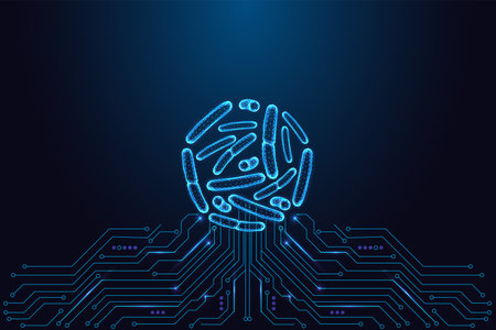 Digital bacteria sphere over electronic circuit board glowing medical biotech vector illustrationのイラスト素材