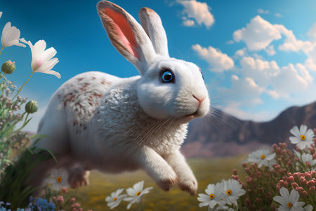 Realistic Cute Rabbit surrounded by the flowers blue sky background. Created with Generative Aiの写真素材