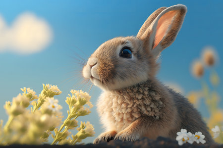 Realistic Cute Rabbit surrounded by the flowers blue sky background. Created with Generative Aiの写真素材