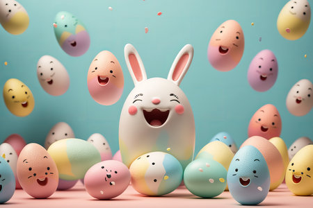 Happy Easter Bunny with Colorful Easter Eggs, Concept of Easter Eggs Hunt. Generative Aiの写真素材