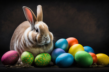 Happy Easter Bunny with Colorful Easter Eggs, Concept of Easter Eggs Hunt. Generative Aiの写真素材