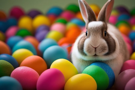 Happy Easter Bunny with Colorful Easter Eggs, Concept of Easter Eggs Hunt. Generative Ai