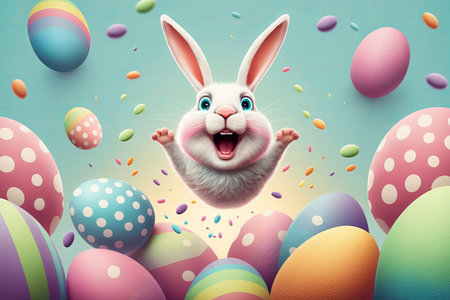 Happy Easter Bunny Jumping over Colorful Easter Eggs, Concept of Easter Eggs Hunt. Generative Aiの写真素材