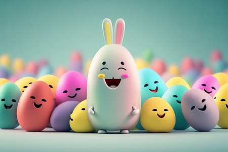 Happy Easter Bunny with Colorful Easter Eggs, Concept of Easter Eggs Hunt. Generative Aiの写真素材