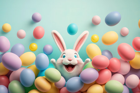 Happy Easter Bunny with Colorful Easter Eggs, Concept of Easter Eggs Hunt. Generative Aiの写真素材