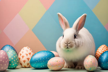 Happy Easter Bunny with Colorful Easter Eggs, Concept of Easter Eggs Hunt. Generative Aiの写真素材
