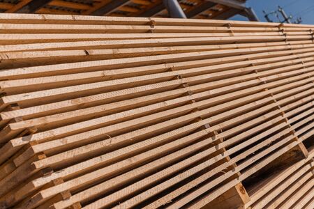 Piles of wooden boards in the sawmill, planking. Warehouse for sawing boards on a sawmill outdoors....