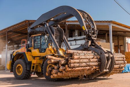 Loading equipment for logging. Log loader for timber, logs. The log loader moves a stack of pine logs. Lumber industry. Woodworking factory.の写真素材