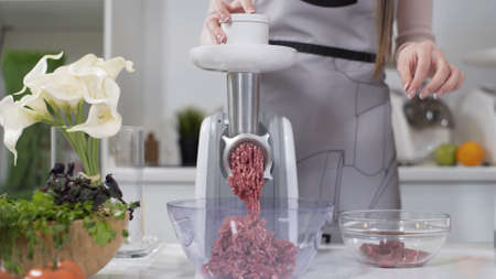 Making minced meat in an electric meat grinder from fresh beef at home. Pile of chopped meat....